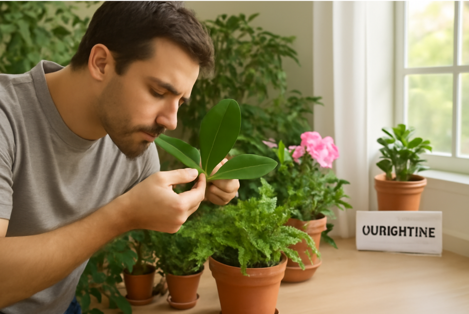 "Man inspecting the underside of a rubber plant leaf for pests in a well-lit indoor garden, with a quarantined plant labeled 'QUARANTINE' placed in the corner. The scene highlights a focused approach to plant care and pest control in a bright, serene environment."









