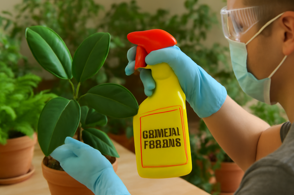 "Person wearing goggles and blue gloves applying chemical pesticide to the leaves of a rubber plant in an indoor garden. The bright yellow pesticide bottle stands out against the lush greenery, highlighting the importance of pest control for healthy plants."









