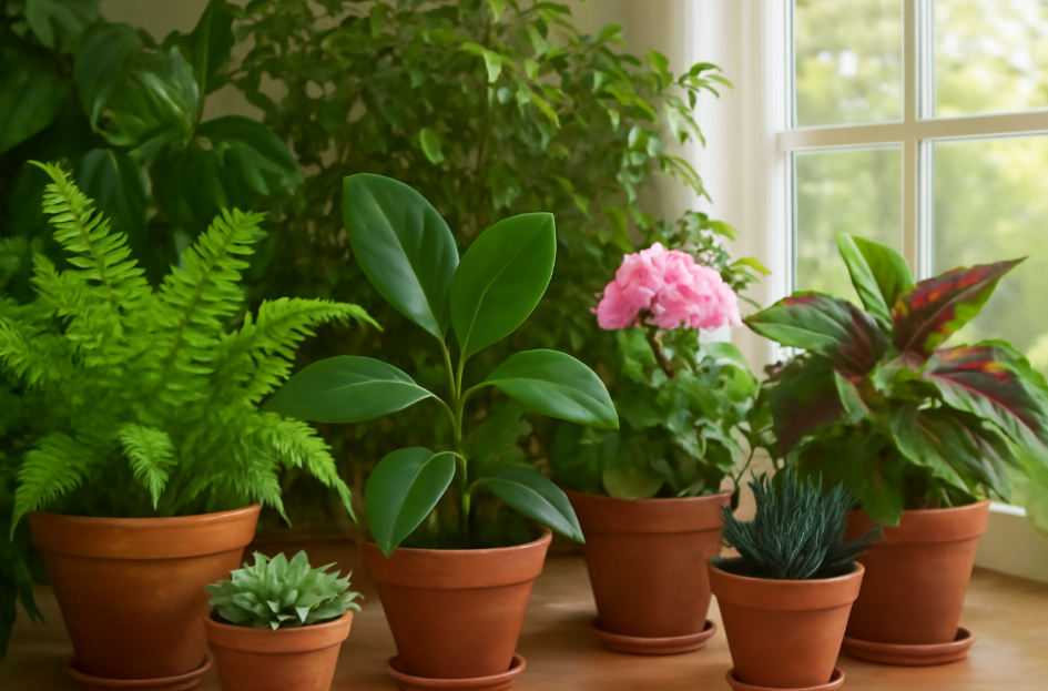 "Bright and serene indoor garden with healthy, vibrant plants in terracotta pots, including a fern, rubber plant, and flowering geranium, illuminated by soft natural sunlight. The lush greenery and peaceful atmosphere showcase the success of effective plant care and maintenance."









