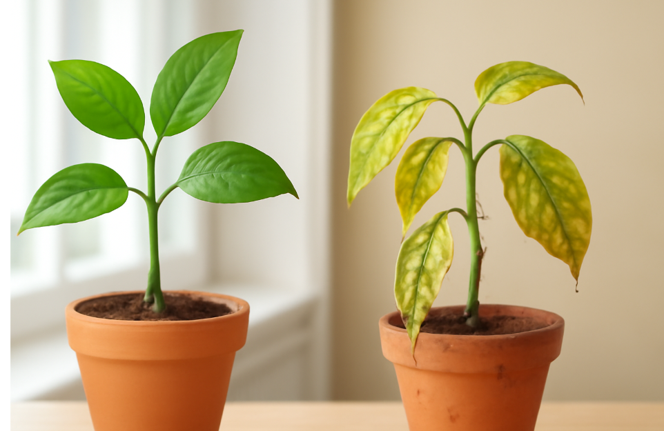 "Side-by-side comparison of two potted indoor plants: a healthy plant with vibrant green leaves on the left, and a damaged plant with yellowed, wilting leaves and signs of pest infestation on the right. Both plants are displayed in a bright room, highlighting the contrast between a thriving and a struggling plant."