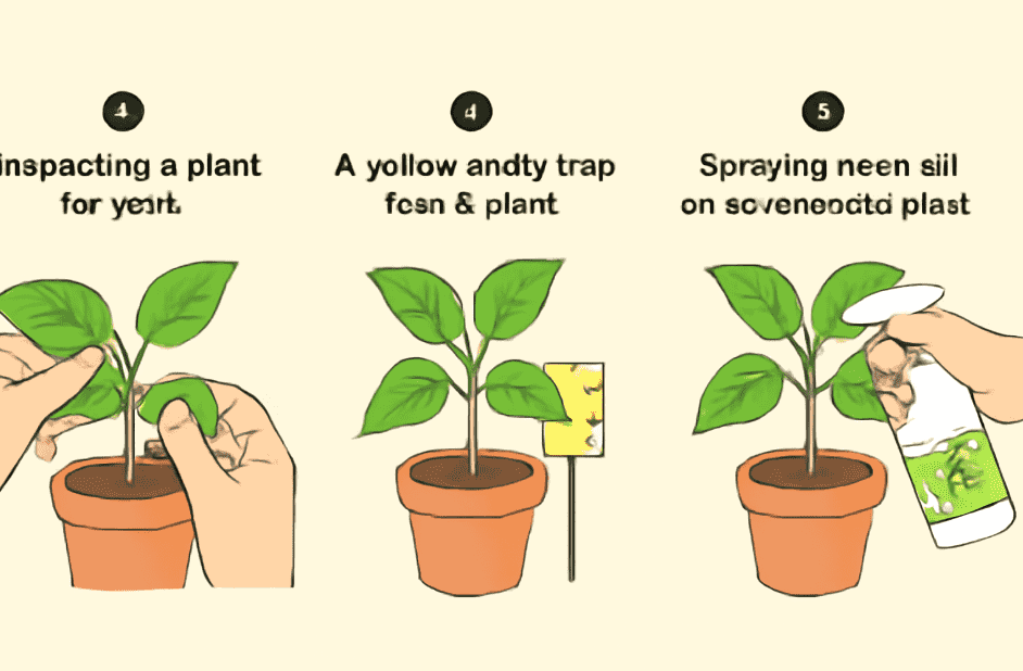 "Three-step indoor plant pest prevention guide: (1) A person inspecting a plant for pests, (2) A yellow sticky trap placed near the plant, and (3) A person spraying neem oil on the plant's leaves. Each scene is clearly labeled for easy understanding."