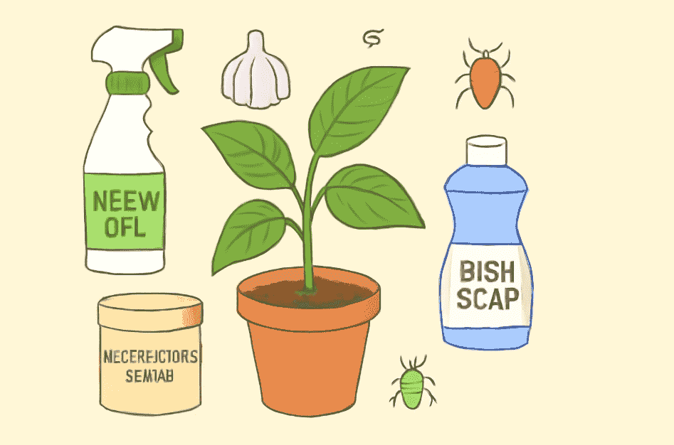 "Flat lay of natural pest control items, including neem oil, garlic, dish soap, and diatomaceous earth, arranged around a healthy plant. The image also features simple icons of pests like aphids and spider mites, highlighting the effectiveness of these remedies in pest management."