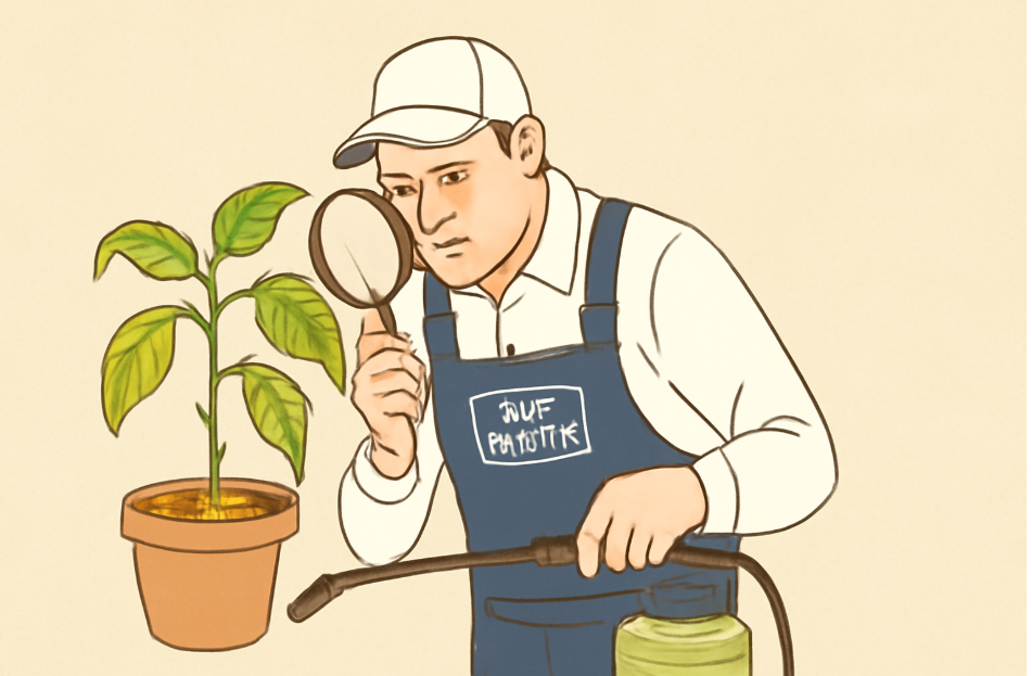 "Professional pest control expert inspecting an indoor plant suffering from a severe pest infestation. The technician, wearing a 'PEST CONTROL' uniform, uses a magnifying glass and holds a sprayer, carefully examining the yellowed leaves of the plant."