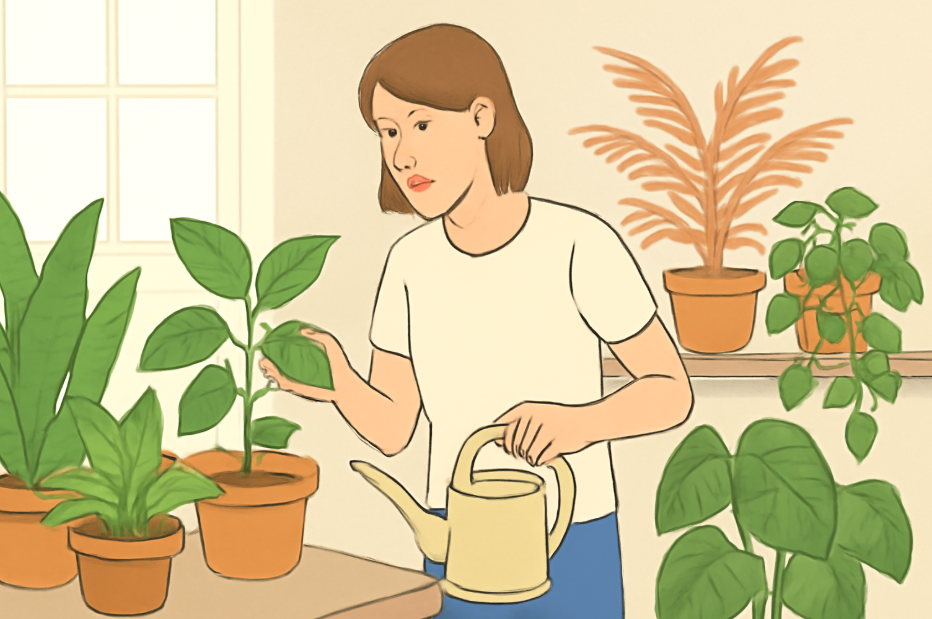 "Illustration of a woman tending to her indoor garden in a bright, sunlit room. She inspects a plant while holding a watering can, surrounded by healthy, thriving plants in terracotta pots, conveying a peaceful, well-maintained space."