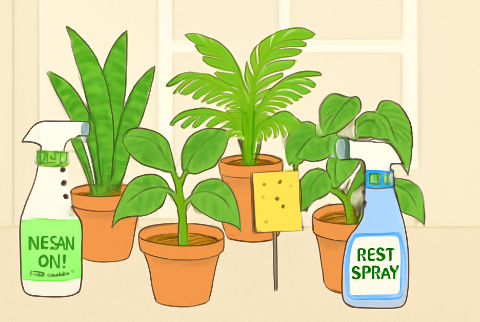 "Illustration of a thriving indoor garden with healthy plants in terracotta pots, surrounded by pest prevention tools like neem oil, a yellow sticky trap, and natural sprays. The plants are vibrant and lush, set against a soft beige background, showcasing successful pest management."
