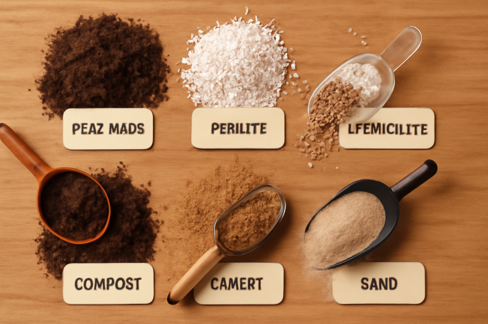 Flat lay image of six key ingredients for making indoor plant potting mix, including peat moss, perlite, vermiculite, coconut coir, compost, and sand, with measuring scoops and small labels for each ingredient on a natural wood surface."