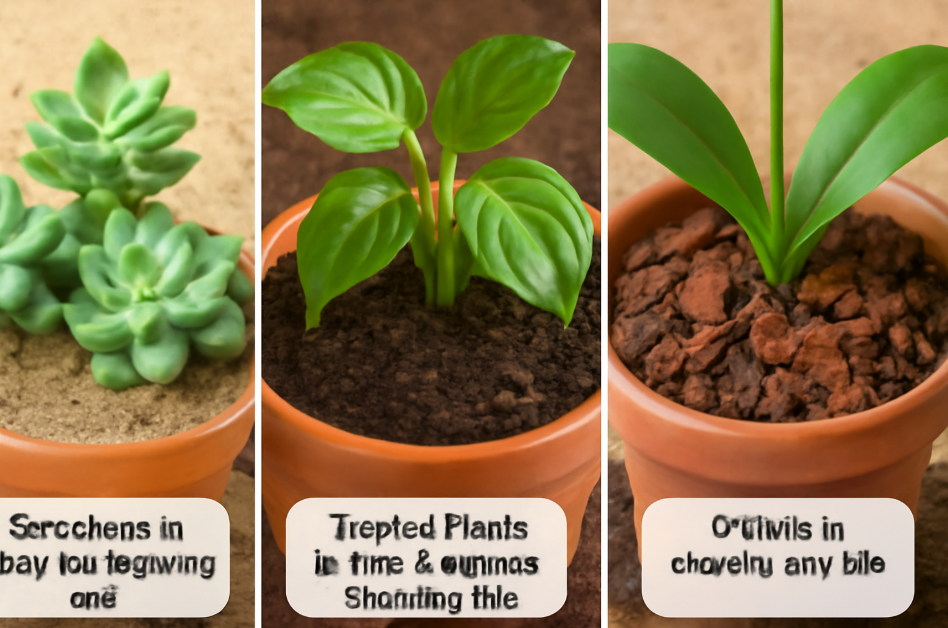 A triptych image showing three plant types in their ideal potting mixes: succulents in sandy, fast-draining soil, tropical plants in a rich, moisture-retaining mix, and orchids in a chunky, airy medium. Each section showcases healthy plants thriving in their respective soil.