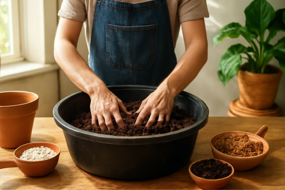 A person mixing potting soil in a large container, surrounded by ingredients like perlite, coconut coir, and compost. The scene, set in a sunny space, highlights the hands-on process of creating a custom potting mix for plant care.