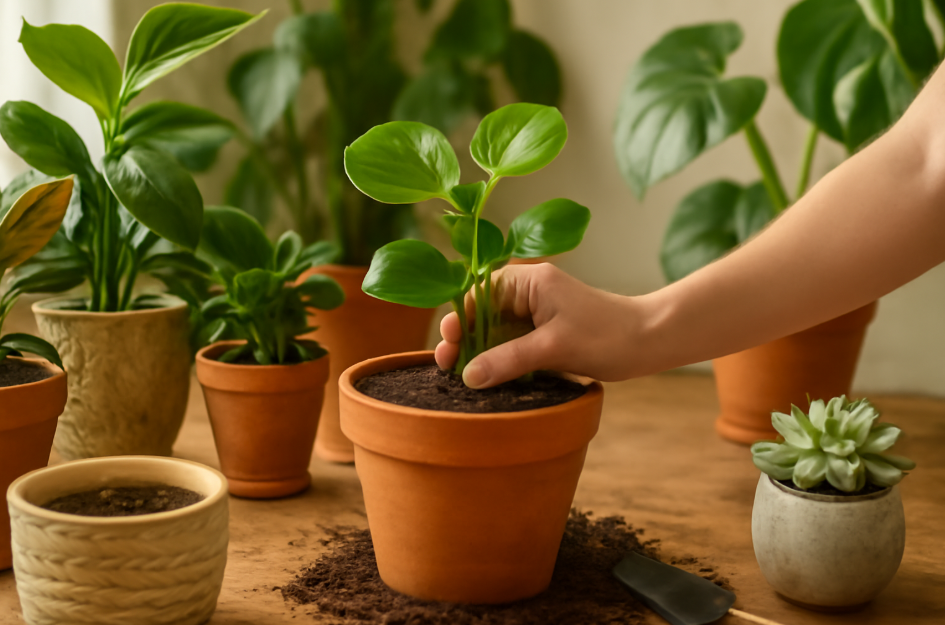 A close-up of a hand potting a peperomia plant into a terracotta pot filled with rich soil, surrounded by vibrant plants on a wooden surface, symbolizing the process of creating a healthy indoor garden."