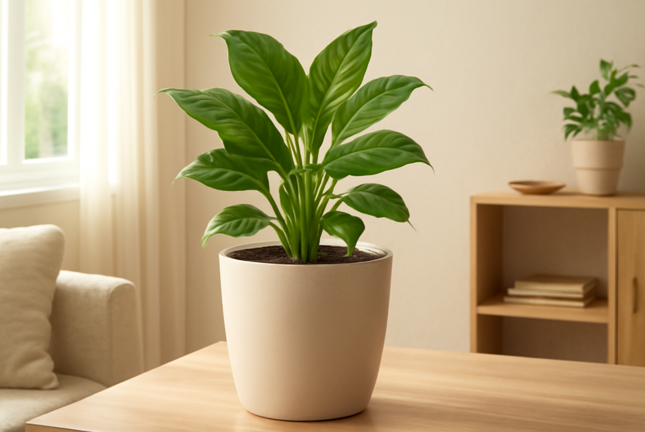 Flourishing indoor plant in a self-watering pot placed in a bright and welcoming home environment, symbolizing the positive impact of self-watering pots on plant care."