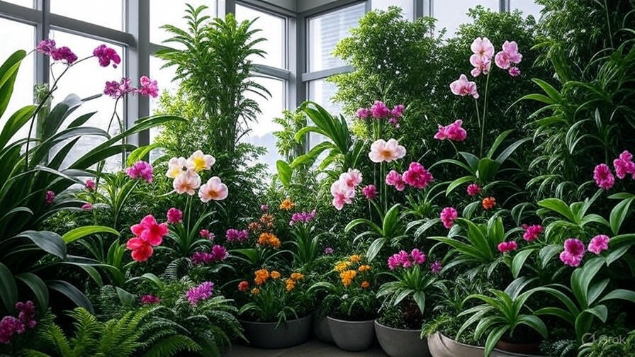 A vibrant indoor garden featuring a variety of colorful orchids in pink, purple, and white, surrounded by lush green plants in pots, with large windows allowing natural light to enhance the tropical ambiance