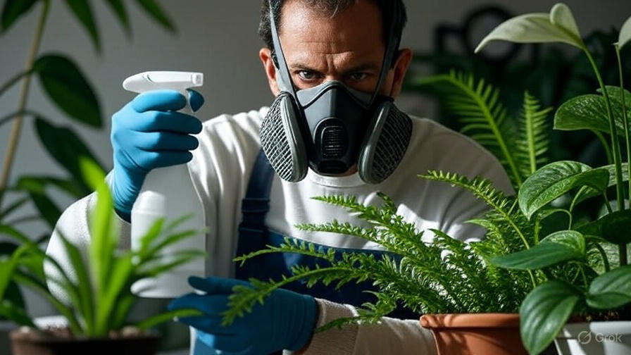 A person wearing a protective mask and blue gloves sprays plants with a spray bottle in a lush indoor garden, surrounded by various green houseplants in pots.