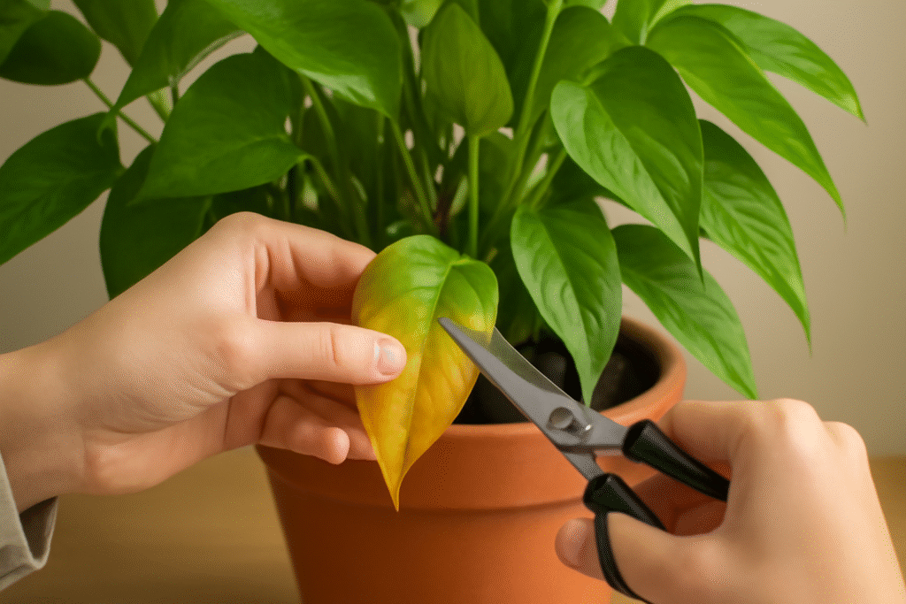 Pruning yellow leaf from plant