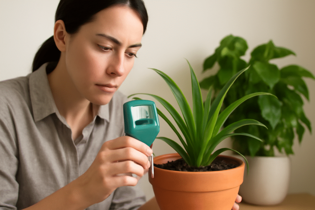 Woman testing soil moisture