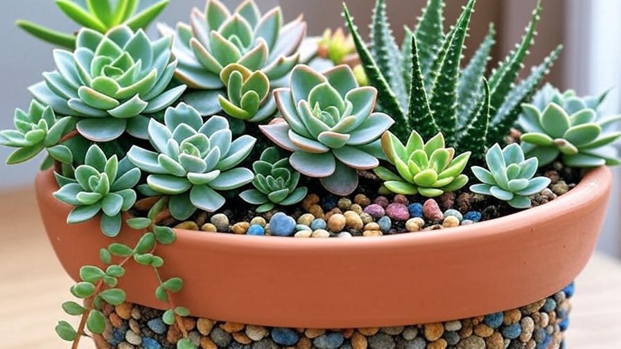 Close-up of a vibrant mixed succulent pot with Echeveria, Haworthia, Sedum, and Aloe in a terracotta pot with pebbles