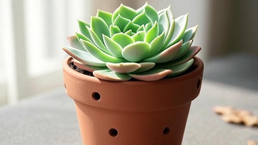 Close-up of a succulent cupcake in a terracotta pot with drainage holes for indoor plant care