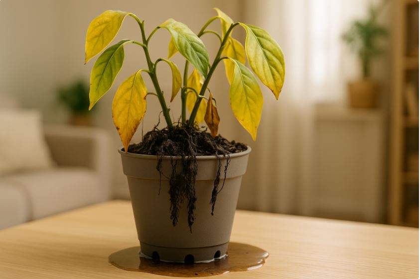 Indoor potted plant with root rot showing black mushy roots, yellowing leaves, and stagnant water on wooden surface