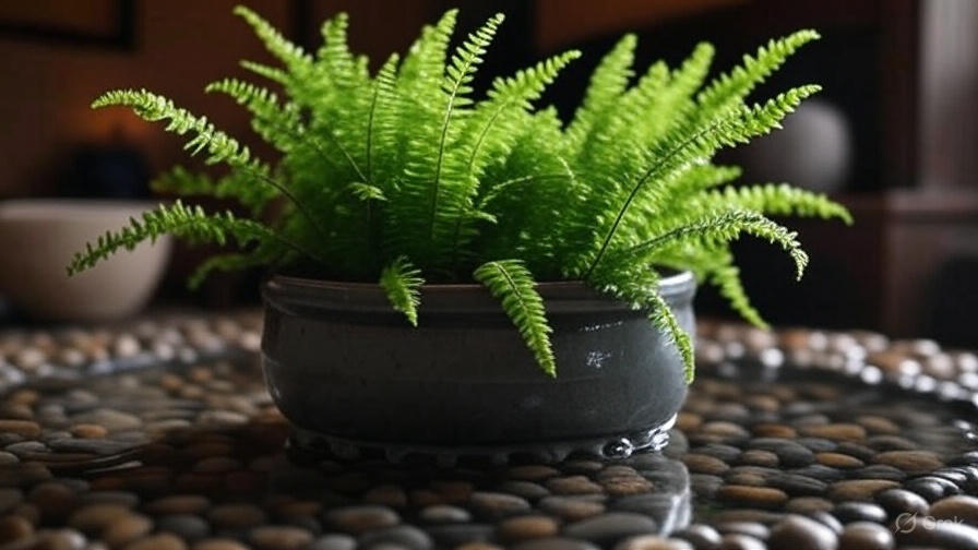 Foxtail fern on a pebble tray to increase indoor humidity.