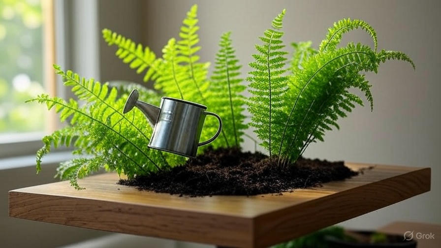 Watering a foxtail fern with a small watering can for healthy growth.