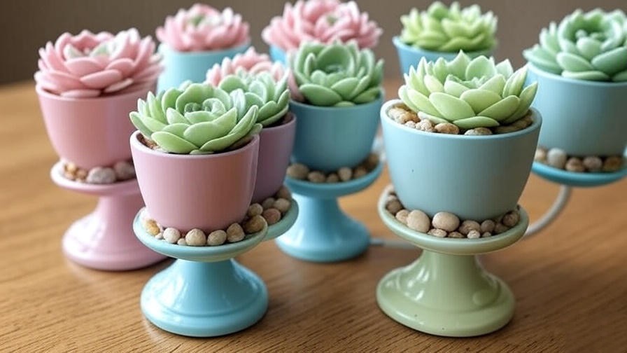 Succulent cupcakes on a mini cupcake stand with pastel pots and pebbles for indoor decor