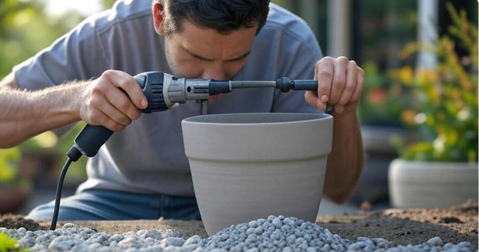 Person drilling additional drainage holes in a ceramic pot with gravel and small stones nearby for enhanced drainage, focusing on the gardening process in a natural outdoor setting.