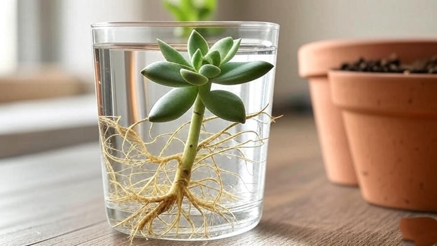 Step-by-step propagation of a heart shaped succulent with stem cutting in water and new roots