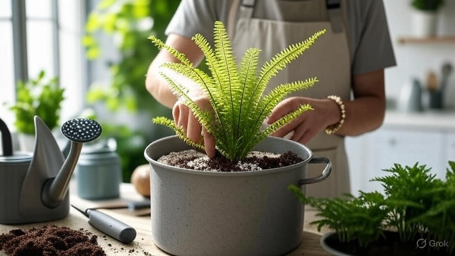 Preparing well-draining potting mix for foxtail fern planting."
