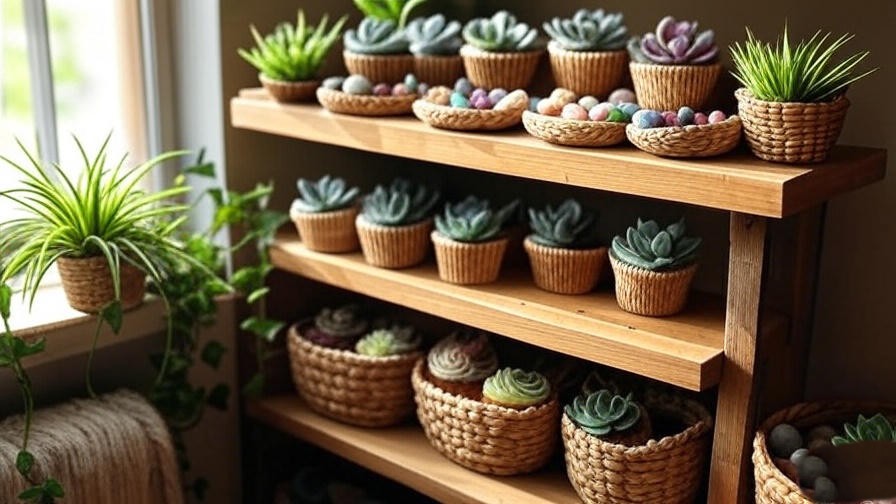 Boho-style indoor decor with succulent cupcakes in woven baskets and trailing plants