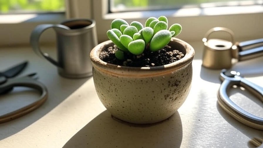 Conophytum bilobum heart shaped succulent with gardening tools on a sunny windowsill