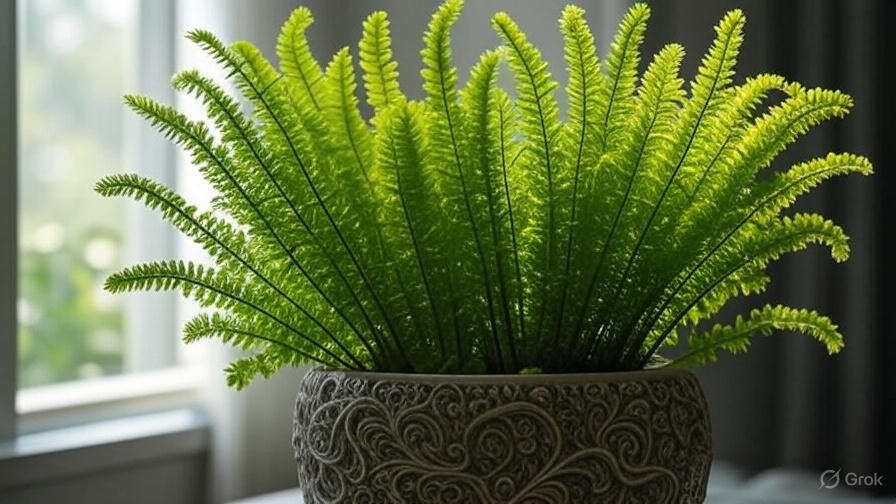 Vibrant foxtail fern in a decorative pot near a bright window with indirect light."