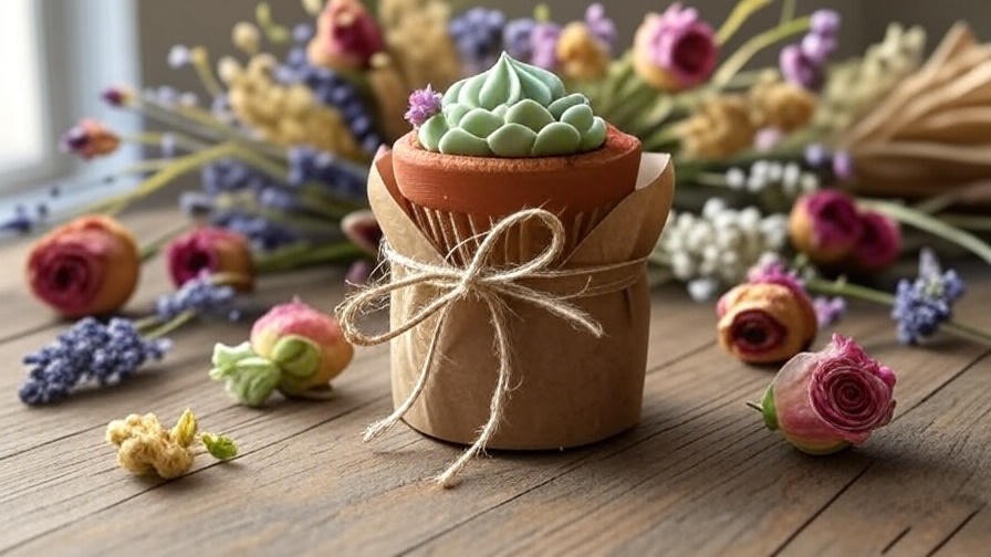 Gift-wrapped succulent cupcake in a mini pot with kraft paper and twine