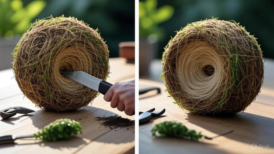 Dividing foxtail fern roots for propagation with a sharp knife.