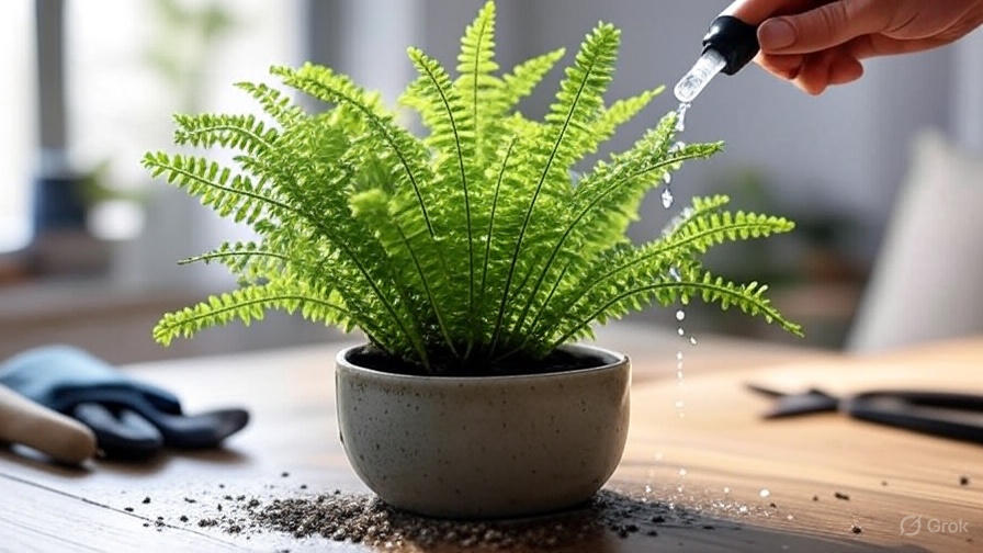 Applying diluted fertilizer to a foxtail fern for optimal growth.