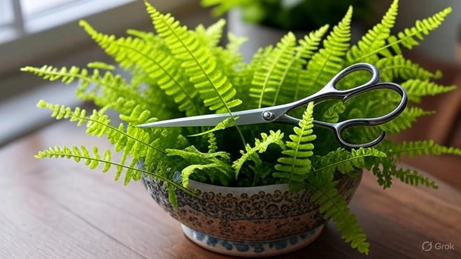 Pruning yellow fronds from a foxtail fern with clean scissors.