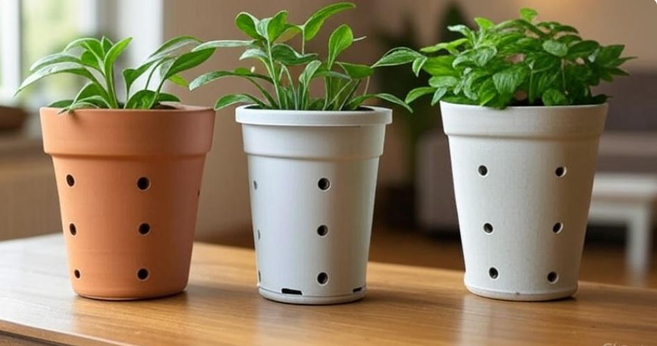 Comparison of terracotta, plastic, and ceramic plant pots with drainage holes, placed in a cozy indoor setting with neutral background, ideal for home gardening.