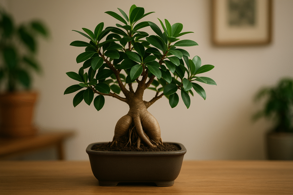 Ficus bonsai tree in a pot on a wooden table indoors.