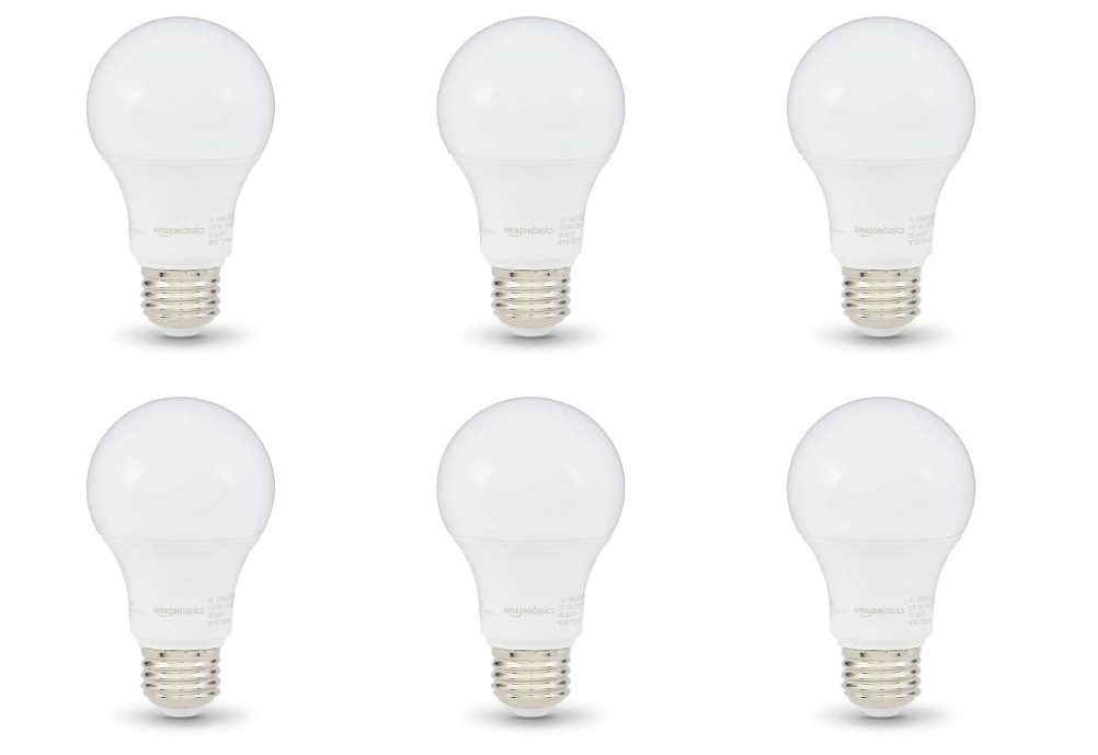 Amazon Basics A19 LED Light Bulbs, 60 Watt Equivalent, Energy Efficient 9W, E26 Standard Base, Daylight White 5000K, Dimmable, 10,000 Hour Lifetime , 6-Pack