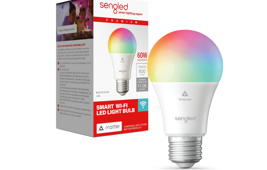 Sengled LED Smart Light Bulb (A19), Matter-Enabled, Multicolor, Works with Alexa, 60W Equivalent, 800LM, Instant Pairing, 2.4 GHz, Wi-Fi, 1-Pack