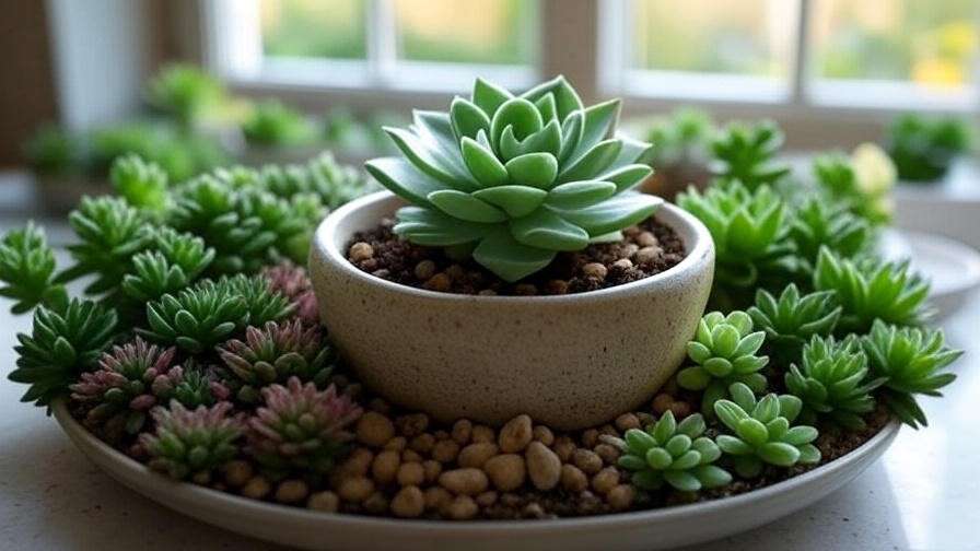 Easy DIY tabletop succulents arrangement with Echeveria and Sedum in ceramic pot