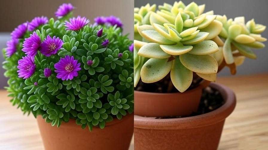 Comparison of healthy and nutrient-deficient succulent with purple flowers indoors.