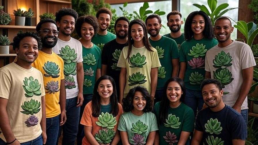Group of indoor plant enthusiasts wearing succulent-themed apparel in a plant-filled space.