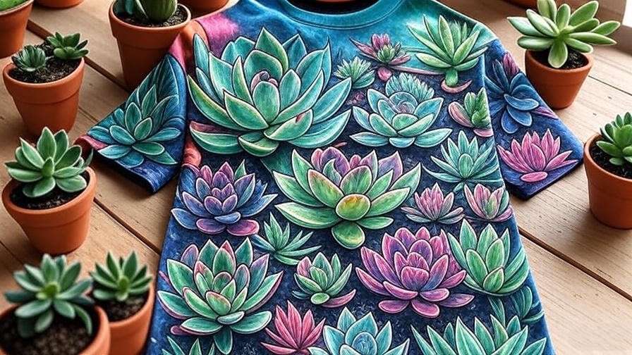 Close-up of succulent Chinese meal shirt design with plant illustrations and succulents.