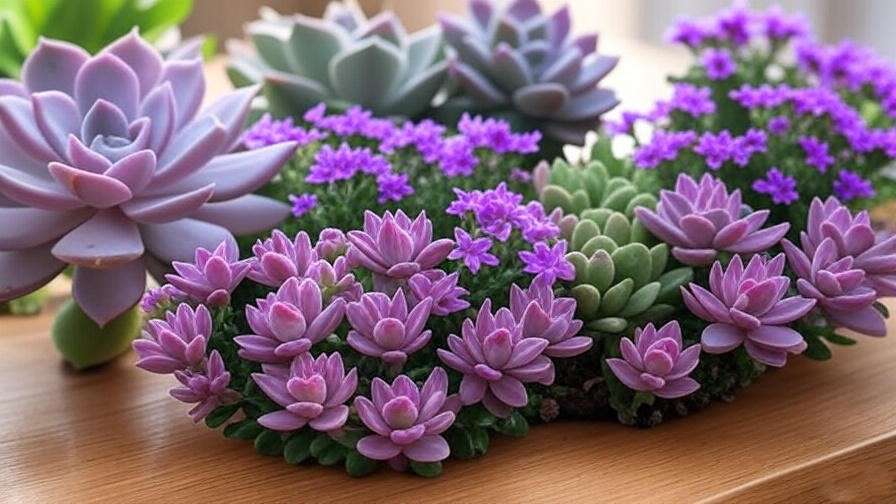 Close-up of popular succulents with purple flowers like Echeveria and Kalanchoe in indoor pots.