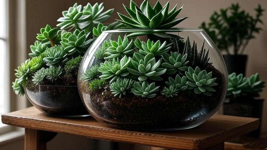 "Elegant glass terrarium with drought tolerant succulents Echeveria and Haworthia on a wooden shelf."