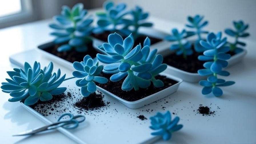 Indoor propagation of blue succulents using leaf and stem cuttings for easy multiplication.