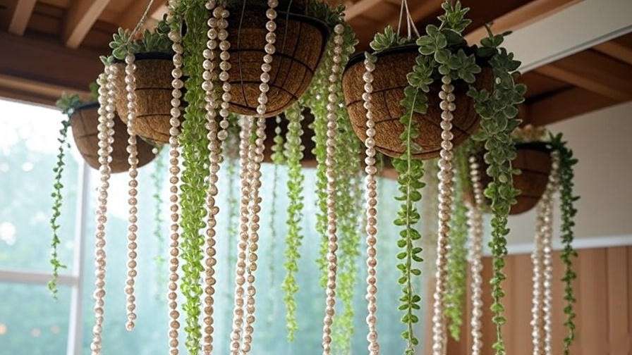 Hanging basket succulent plant arrangement with trailing varieties for indoor decor