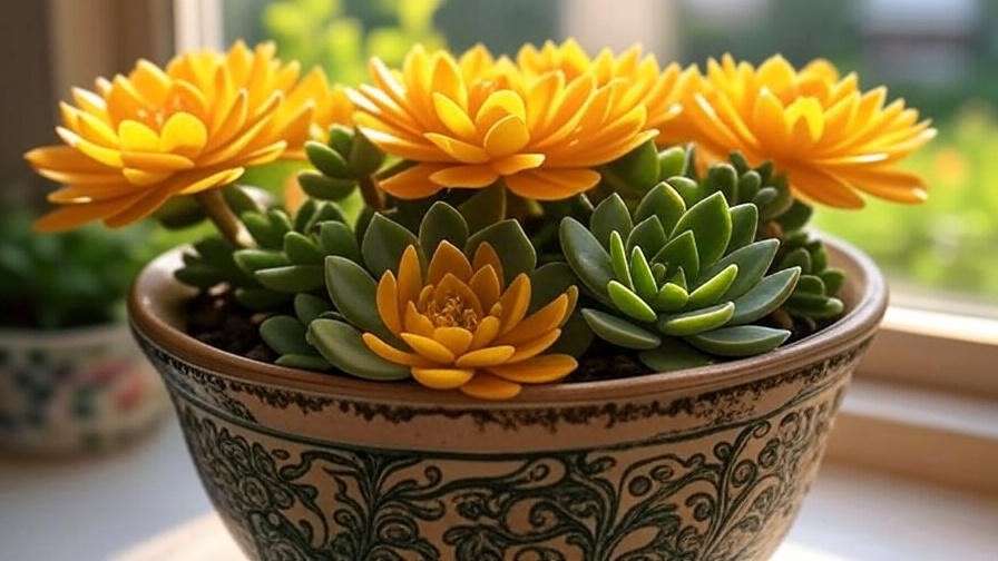 Blooming split rock succulent with yellow flowers indoors