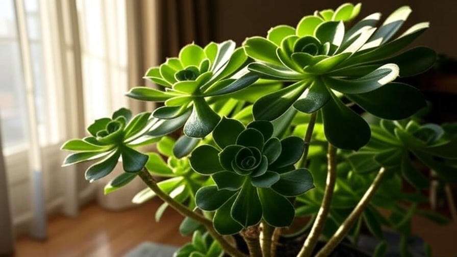 Healthy Aeonium succulent in bright indirect light near a window with grow lights for indoor care.