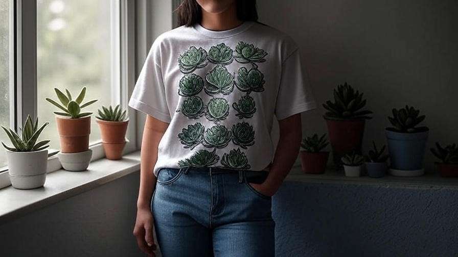 Casual styling of succulent Chinese meal shirt with jeans and indoor succulents.