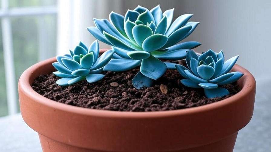 Blue succulent in pot with ideal indoor lighting and drainage for healthy growth.